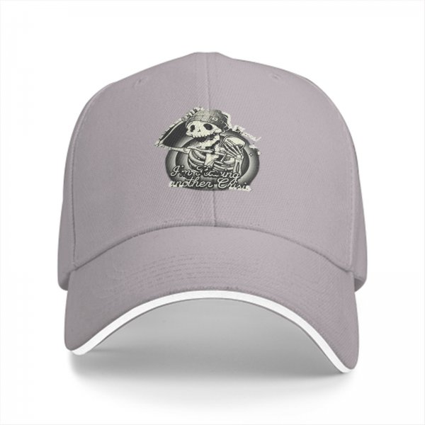 Black baseball cap with stressed skeleton graphic and crisis quote