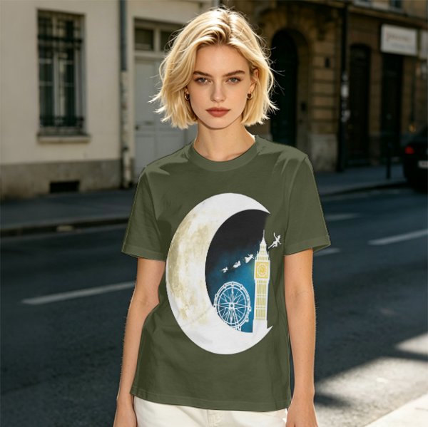 Olive T-Shirt with Crescent Moon London Skyline Flying Figures Print