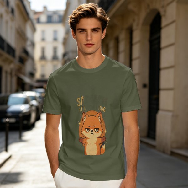 Olive green t-shirt with grumpy fox offering a hug graphic