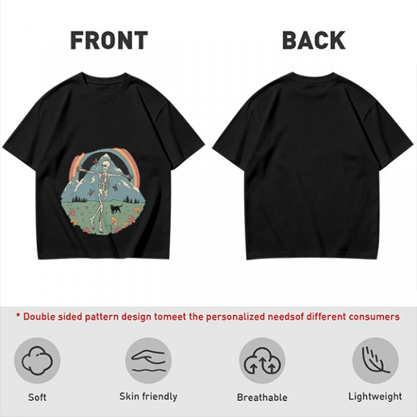 Olive T-shirt with Dancing Skeleton Mountain Rainbow Cat Graphic