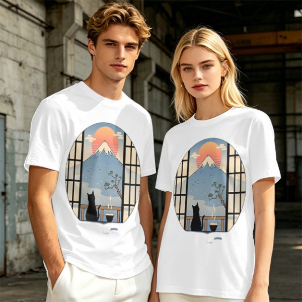 Olive T-shirt with Black Cat Viewing Mount Fuji Sunrise Art