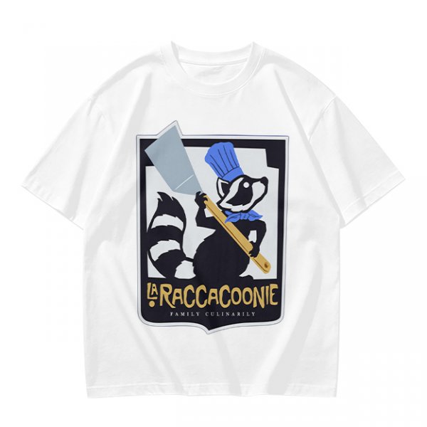 Olive green t-shirt with raccoon chef graphic and text