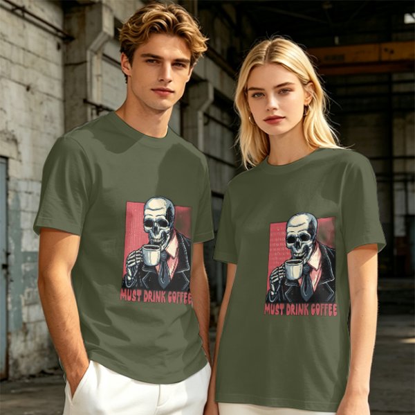Olive T-shirt with Skeleton Drinking Coffee Must Drink Coffee Print