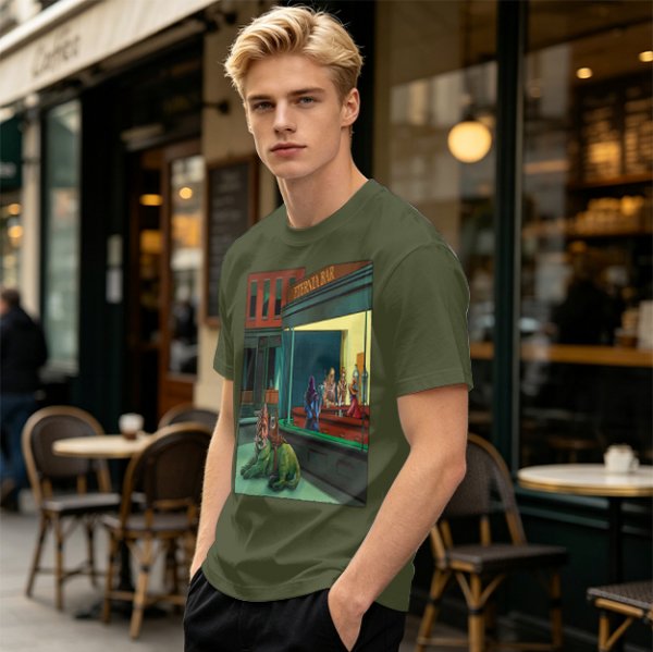 Olive T-Shirt With Surreal Bar Scene Graphic Print