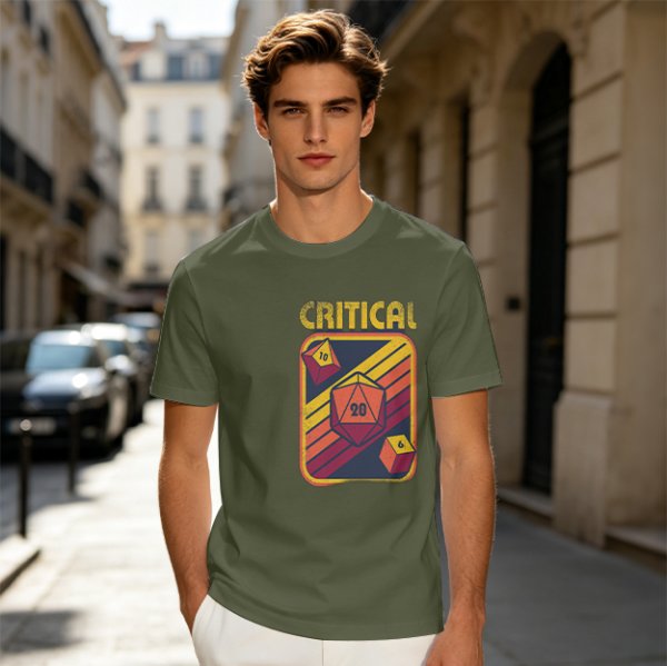Retro Critical D20 Dice T-Shirt for Tabletop RPG Fans