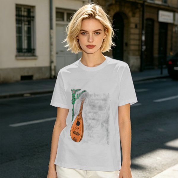 Olive Green T-Shirt with Lute and Botanical Graphic Print