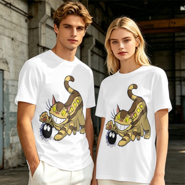 Olive T-shirt with Catbus and Soot Sprite Anime Print