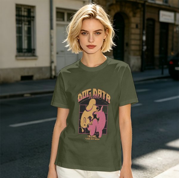 Olive green graphic t-shirt with dog data system print