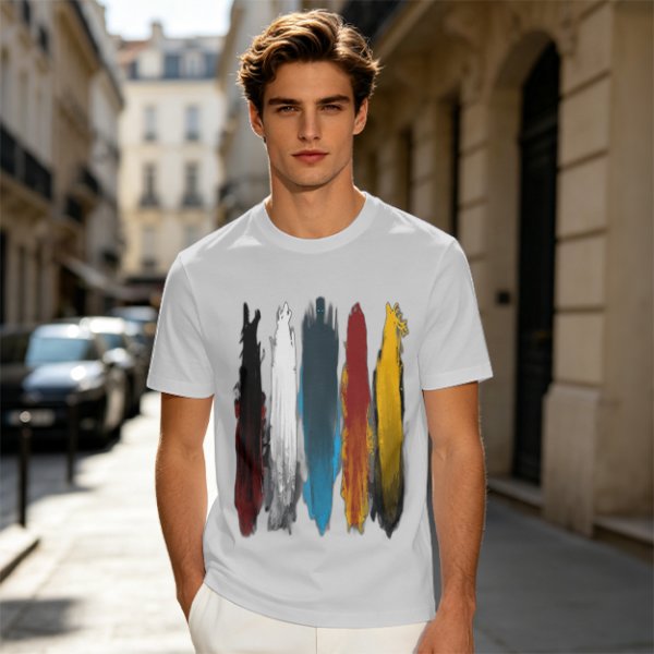 Olive Green T-Shirt With Vertical Colorful Brushstroke Figure Art