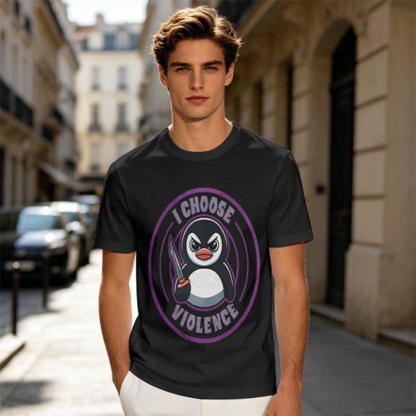 Olive t-shirt with angry penguin holding knife and I Choose Violence print
