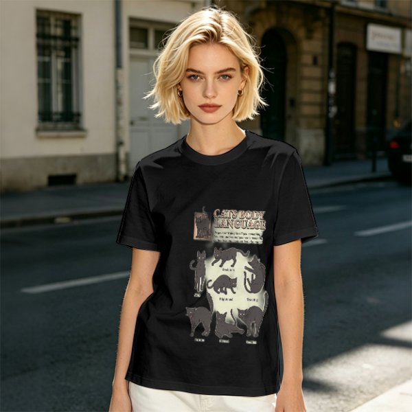 Olive T-Shirt With Cat Body Language Illustrations
