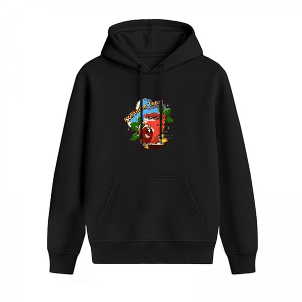 Black hoodie with playful coffee bean and cup graphic design
