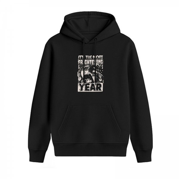 Black hoodie with 'It's the Most Frightening Time of the Year' horror graphic
