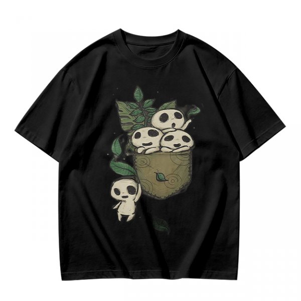 Olive T-shirt with Kodama Tree Spirits in Pocket and Leaves Print