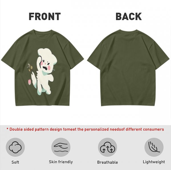 Olive T-Shirt With Angry Fluffy White Creature Swatting At Bee Print