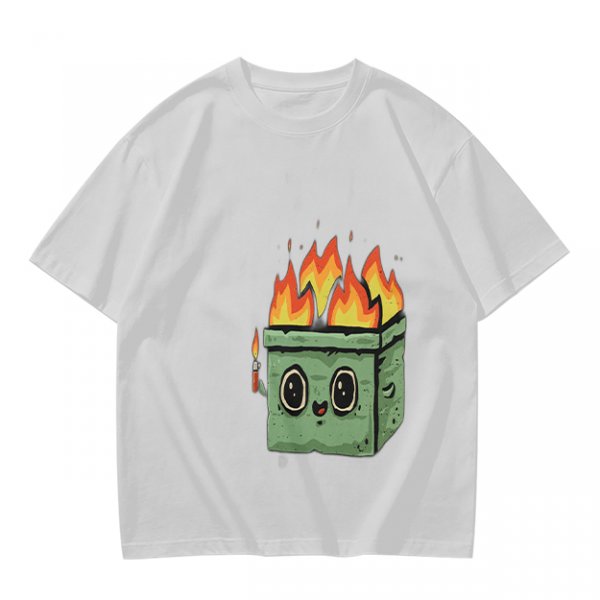Olive green t-shirt with a cartoon burning box graphic