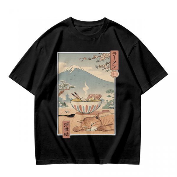 Olive t-shirt with ukiyo-e style ramen cat and Mount Fuji print