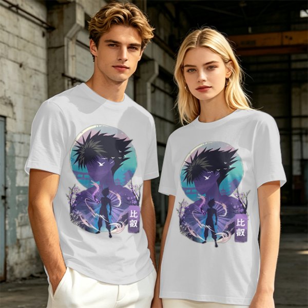 Anime character silhouette graphic tee with stylized purple and blue art