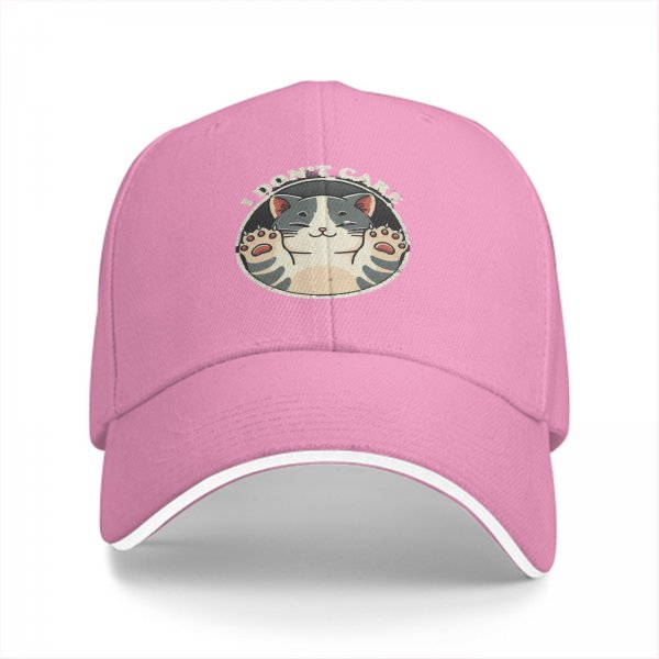 Black baseball cap with 'I DON'T CARE' and relaxed cat graphic