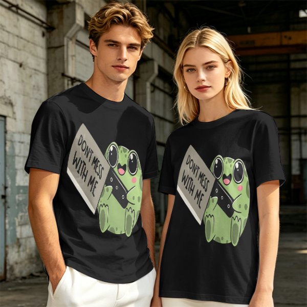 Olive t-shirt with cute frog holding knife and 'Don't mess with me' text