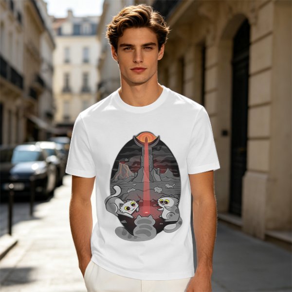 Olive T-shirt with Cat Sauron Tower Fantasy Art Print