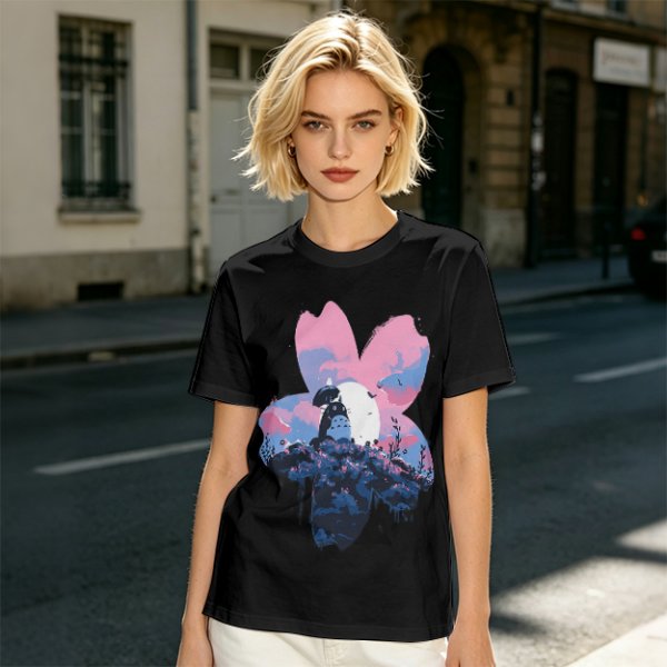Olive T-Shirt with Sakura Flower and Whimsical Forest Creature Print