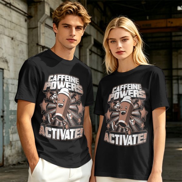 Caffeine Powers Activate! Cartoon Coffee T-Shirt Design