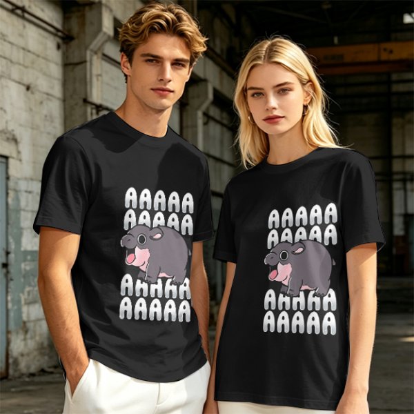 Olive t-shirt with screaming baby hippo and repeated A text