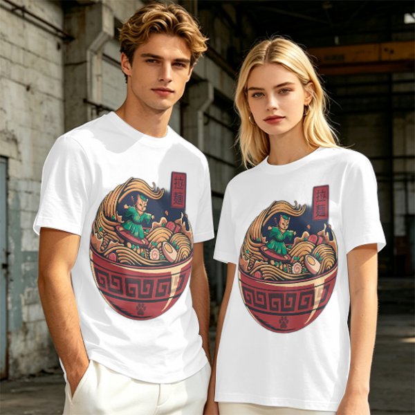Olive T-shirt with Samurai Cat Surfing Ramen Bowl Art