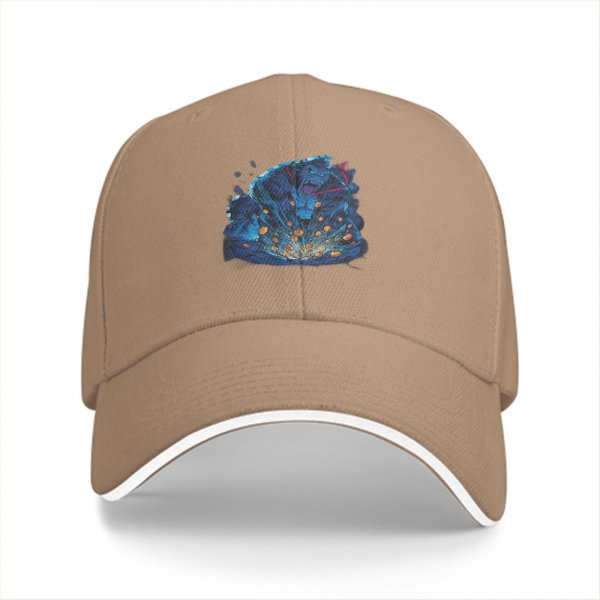 Black baseball cap with blue fantasy character explosion graphic