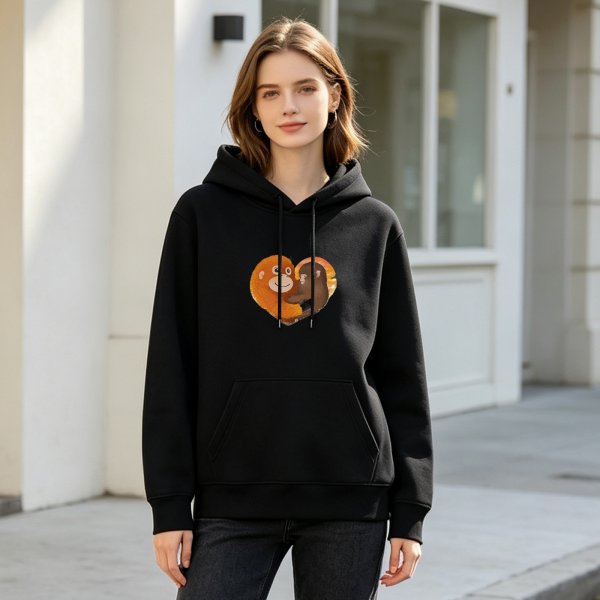 Black hoodie with hugging monkeys inside a heart graphic