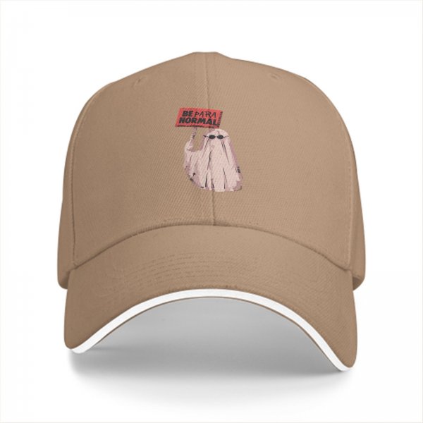 Black baseball cap with a ghost holding a 'Be Paranormal' sign