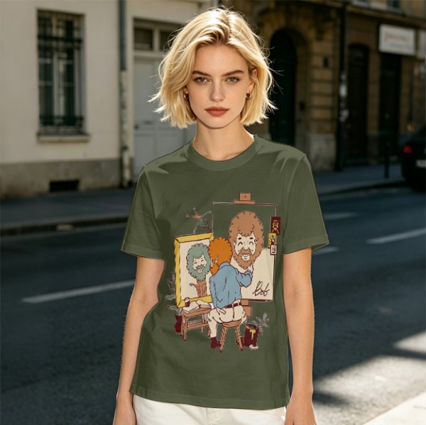 Olive Green T-Shirt With Cartoon Artist Painting Self Portrait Artwork