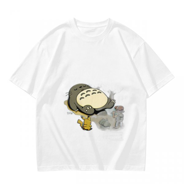 Olive T-shirt with Sleeping Totoro and Crossover Anime Characters Print