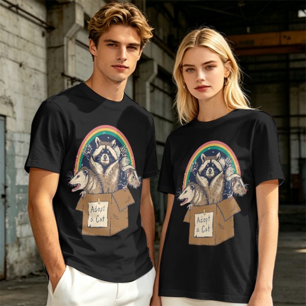 Olive T-Shirt With Raccoon Opossum Adopt A Cat Rainbow Print
