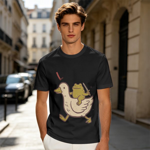 Olive T-Shirt Featuring Frog Riding Duck Holding Knife