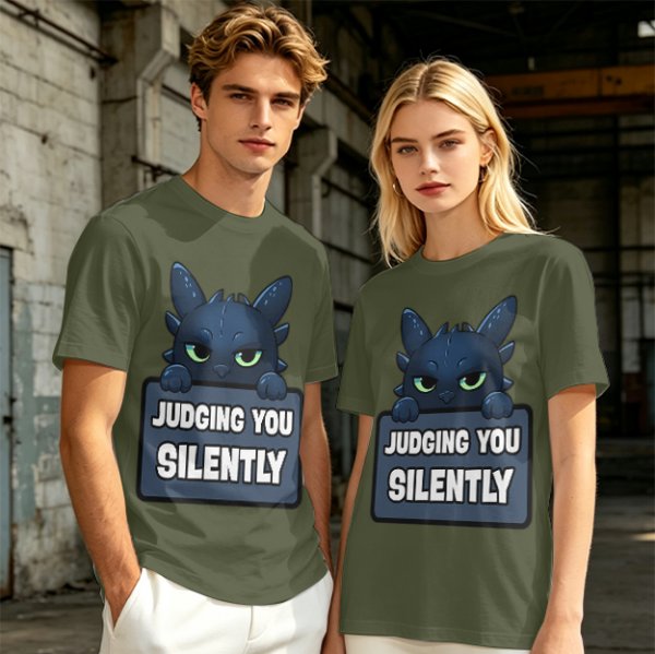 Olive t-shirt featuring Toothless the dragon judging you silently