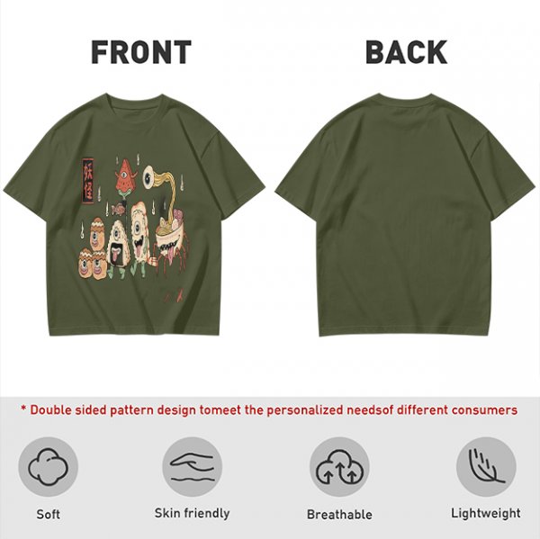 Olive T-Shirt with Japanese Food Monster Yokai Art Print