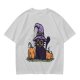 Olive Halloween T-Shirt with Black Cat Witch and Pumpkins