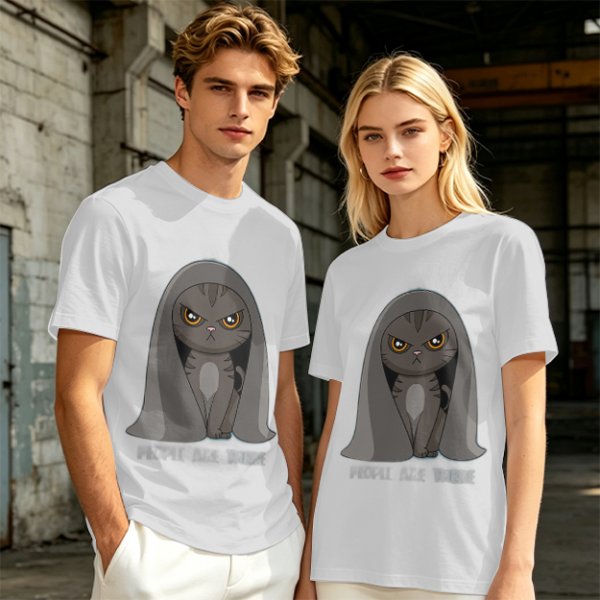 Olive T-shirt with Angry Cat in Hooded Cloak Graphic Print