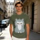 Olive T-shirt with Grumpy Fluffy Gray Cat Graphic Print