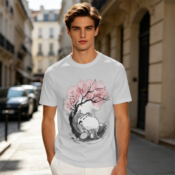 Olive T-shirt with Totoro and Cherry Blossom Tree Art Print
