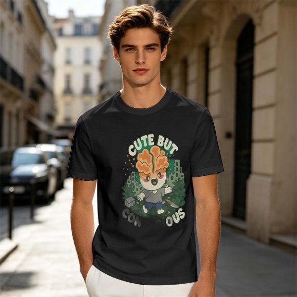 Olive t-shirt with cute brain character and 'Cute But Ous' print