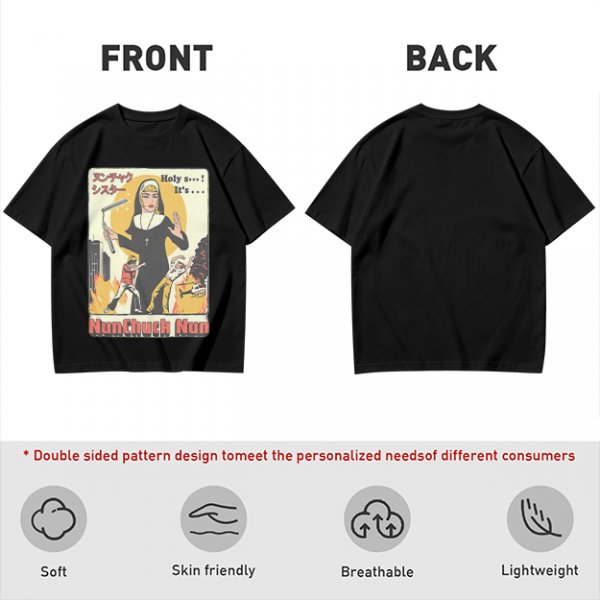 Olive T-shirt with Nunchuck Nun Action Graphic Print