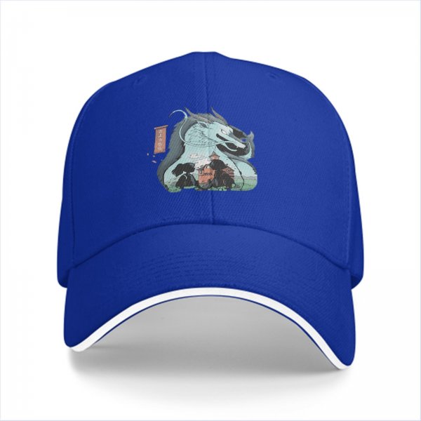 Black baseball cap with dragon and anime character graphic print