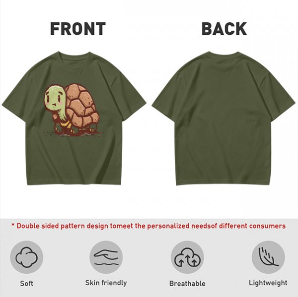 Olive Green T-Shirt With Cute Cartoon Turtle Graphic