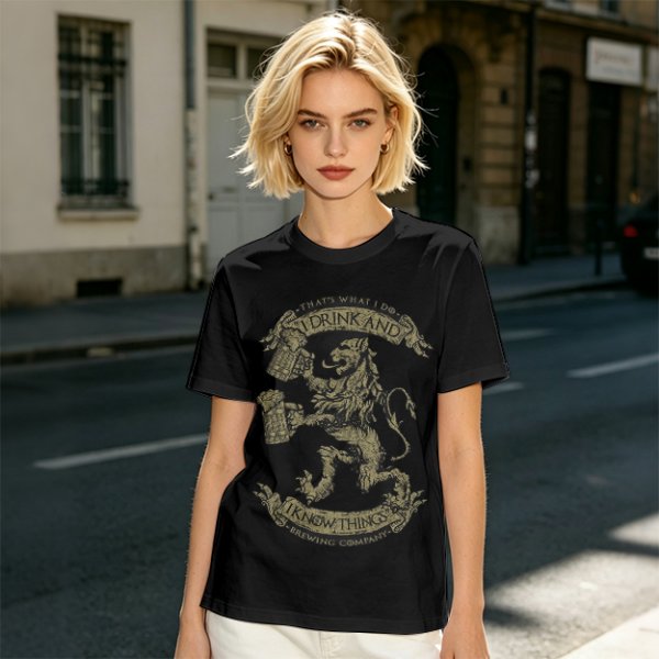 Olive T-shirt with 'I Drink And I Know Things' Lion Beer Graphic