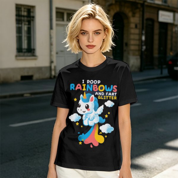 Olive t-shirt with playful unicorn rainbow poop and glitter fart graphic