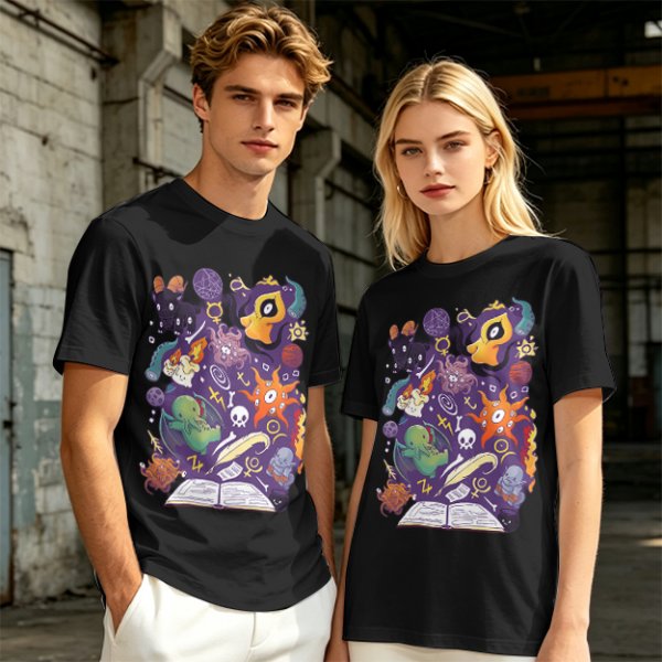 Olive T-Shirt With Cute Occult Monster And Spell Book Print