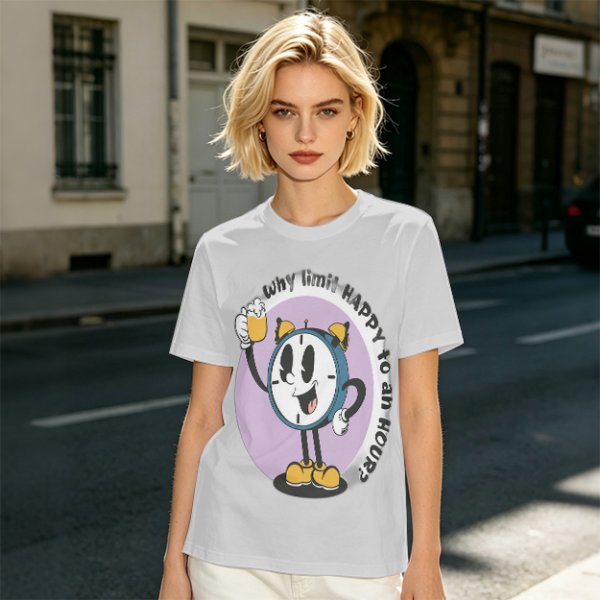 Olive T-Shirt With Cartoon Clock Holding Beer 'Happy Hour' Print